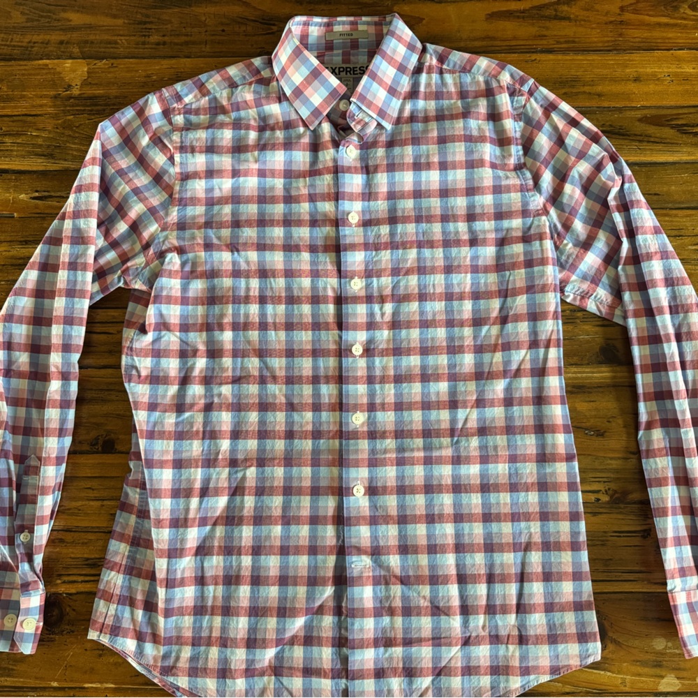 Express Men's Blue and Pink Plaid Shirt